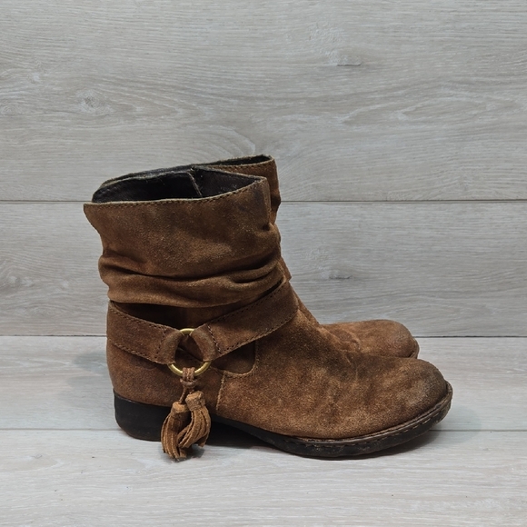 Born Women Brown Suede Ankle Tassel Boots Moto Shoes Sz 6M - Picture 1 of 14
